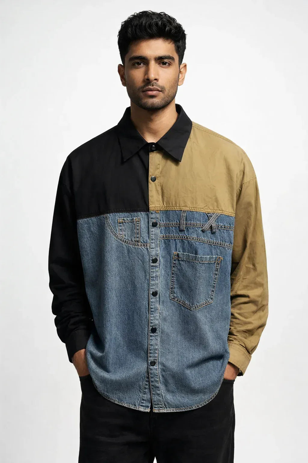 SANKI Color Block Denim and Cotton Shirt - Sanki