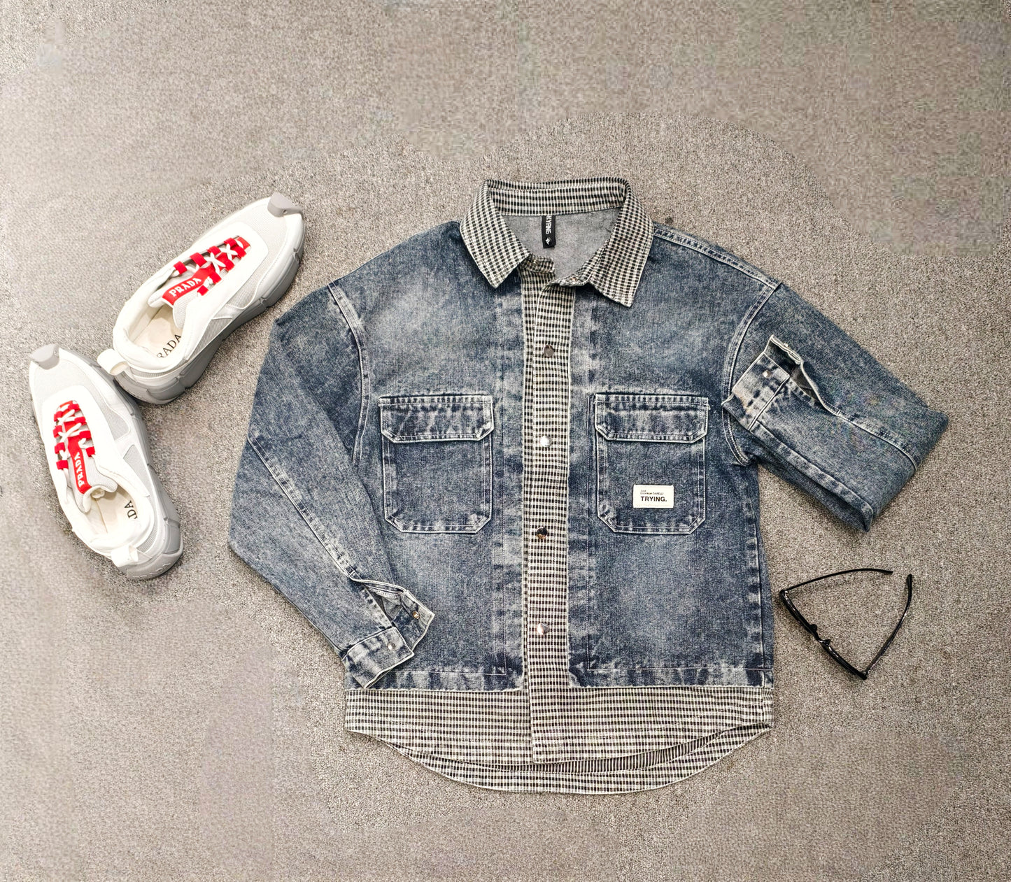 SANKI Baggy Fit Denim and Plaid Shirt