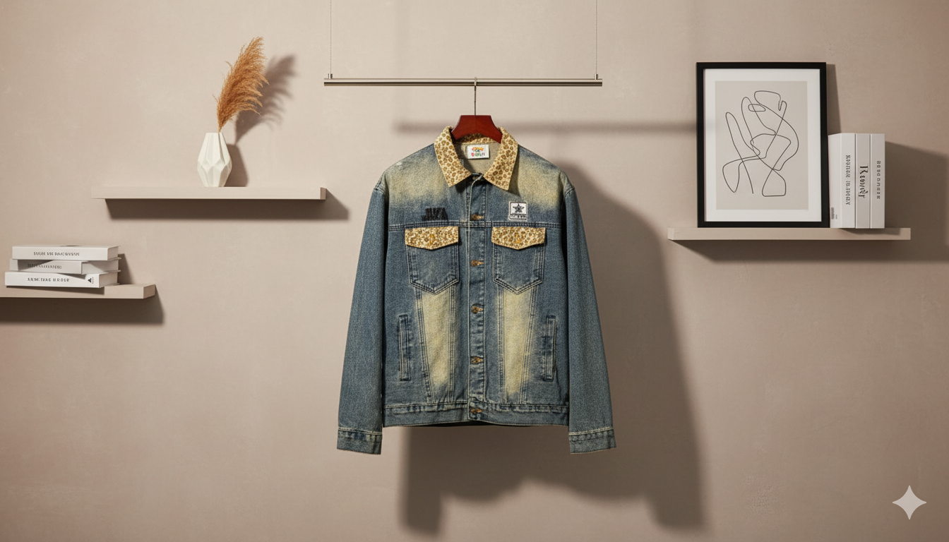 SANKI Dirty Blue Leopard Print Collar Denim Jacket