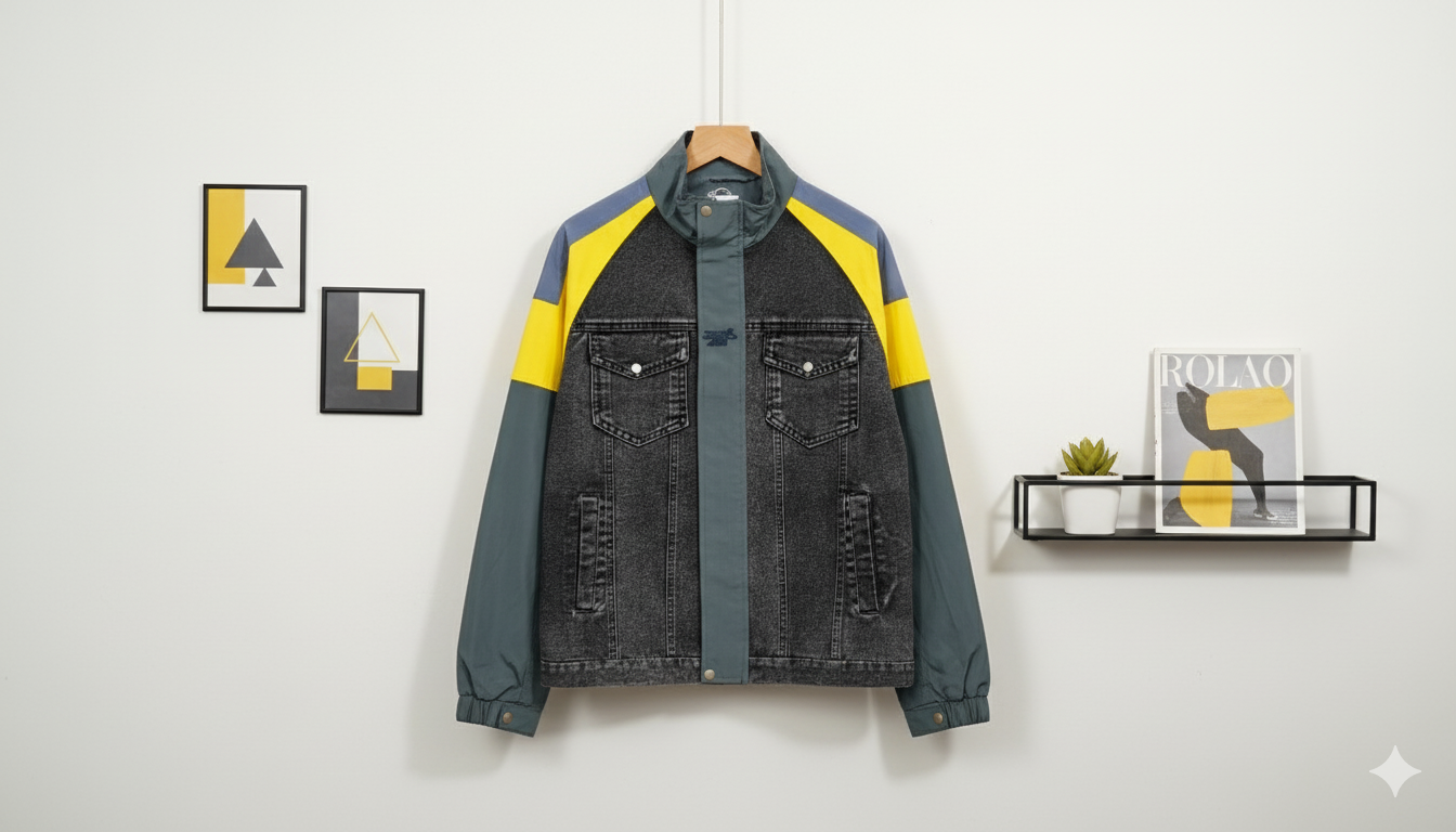 SANKI Color Block Denim and Nylon Hybrid Jacket