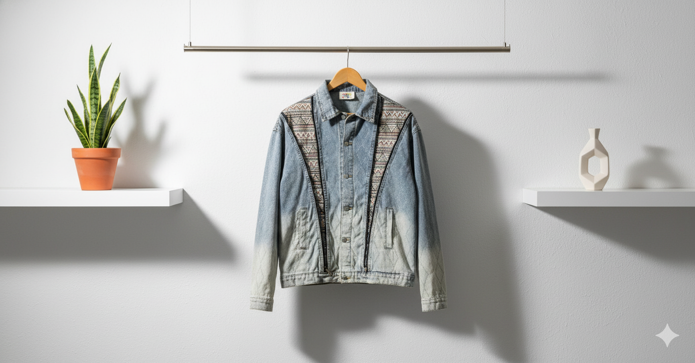 SANKI Aztec Panel Light Wash Denim Jacket