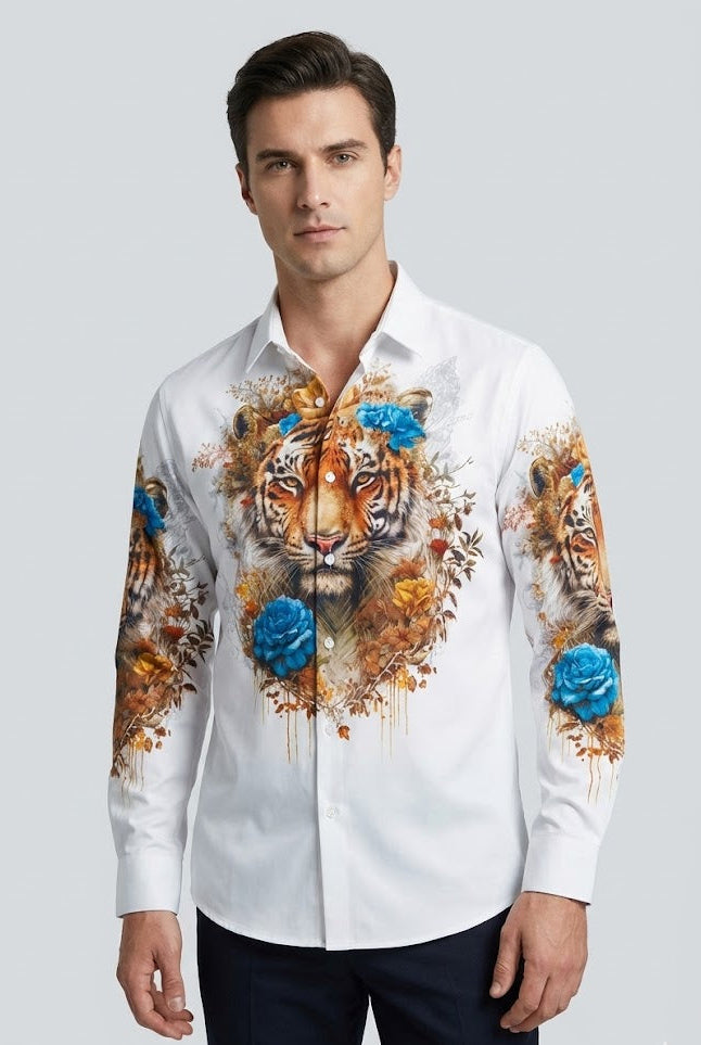 SANKI Royal Tiger Floral White Formal Shirt