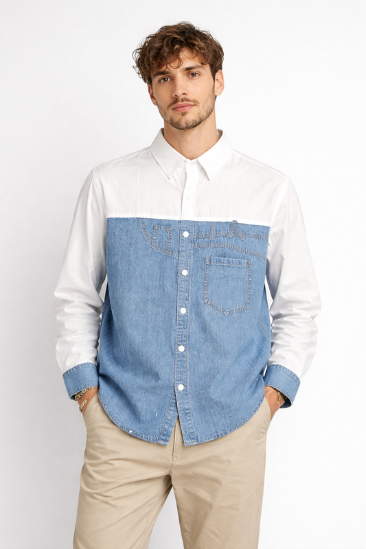 Sanki Color Block Denim and Cotton Shirt