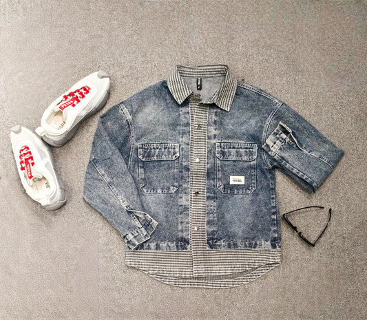 SANKI Baggy Fit Denim and Plaid Shirt