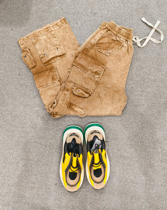 SANKI Brown Acid Wash Baggy Fit Cargo Pants