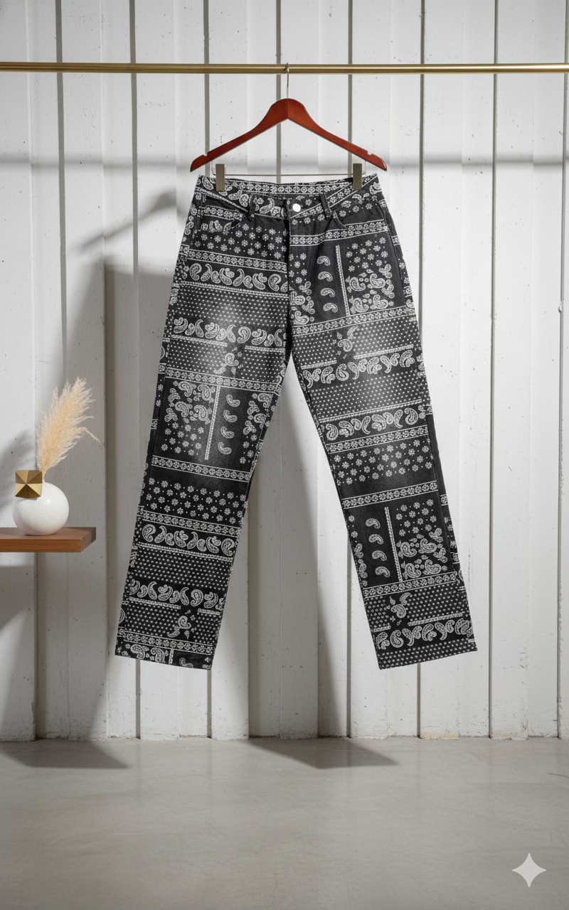 SANKI Paisley Patchwork Black Baggy Jeans
