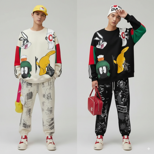 SANKI Funky Color Block Printed White Baggy Jogger Pants