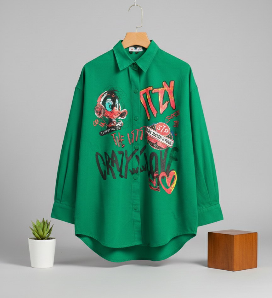 SANKI Funky Duck Crazy Love Green Oversized Shirt