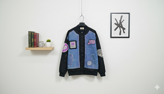 SANKI Patchwork Denim Sleeve Color Block Bomber Jacket