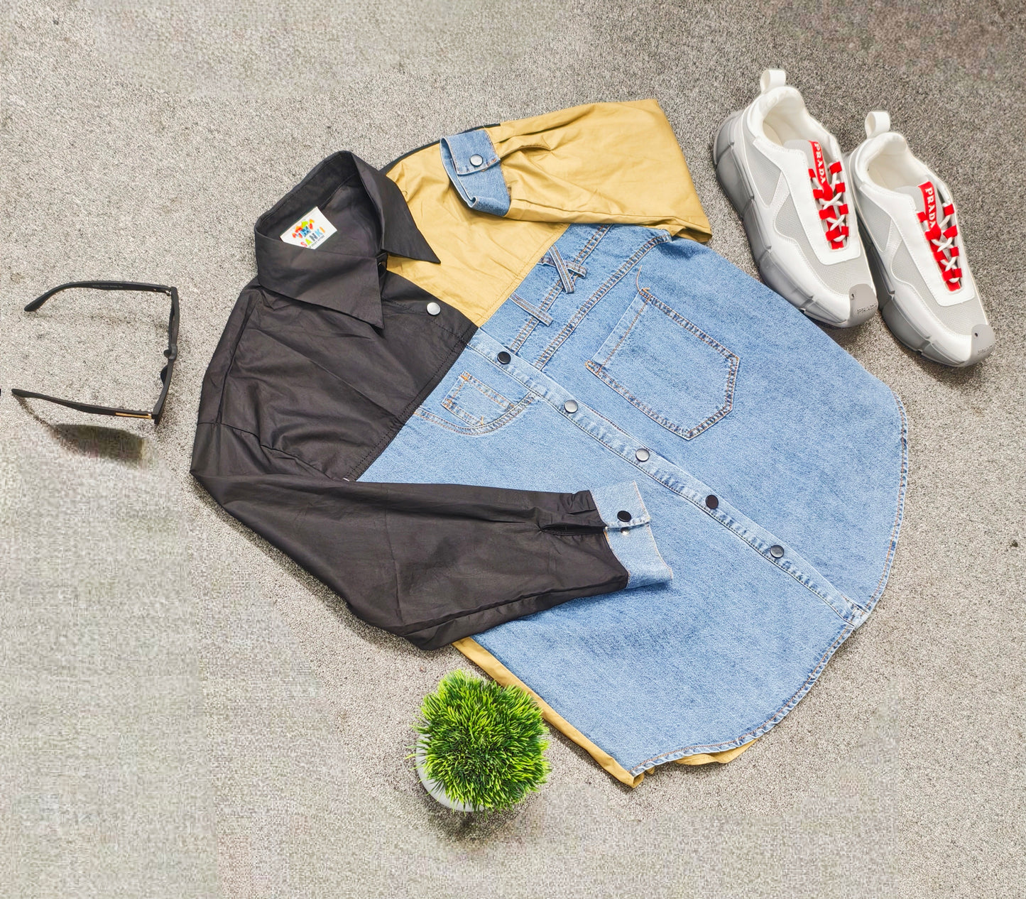 SANKI Color Block Denim and Cotton Shirt