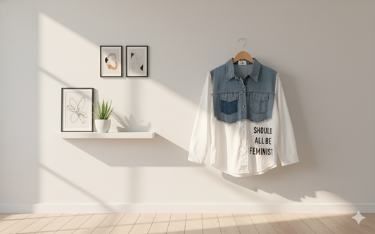 SANKI Feminist Denim Panel White Shirt