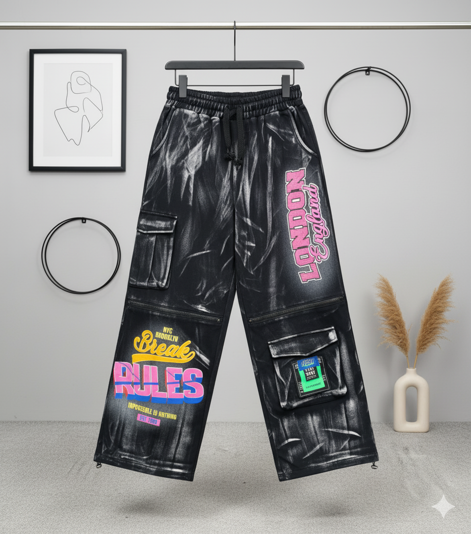 SANKI London Rules Black Printed Baggy Cargo Jeans