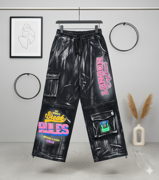 SANKI London Rules Black Printed Baggy Cargo Jeans