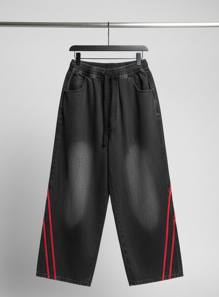 SANKI Funky Red Stripe Grey Baggy Denim Culottes