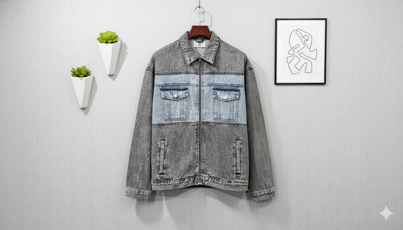 SANKI Color Block Blue Grey Denim Jacket (Regular Fit)