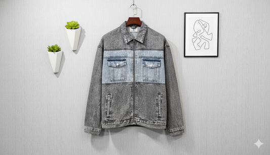 SANKI Color Block Blue Grey Denim Jacket (Regular Fit)