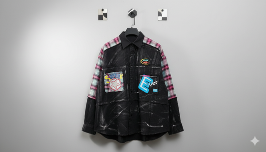 SANKI Funky Patchwork Plaid Black Denim Shirt